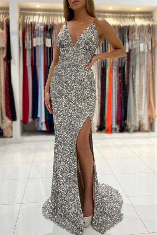 Sexy V Neck Spaghetti Straps Backless Sequins Long Prom Dresses