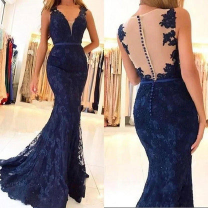 Prom Dresses  Sexy Mermaid Lace V Neck Beads Sleeveless Long