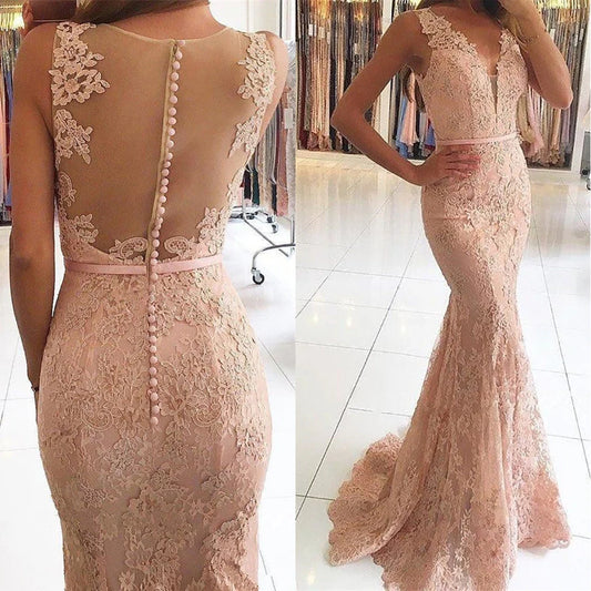 Prom Dresses  Sexy Mermaid Lace V Neck Beads Sleeveless Long