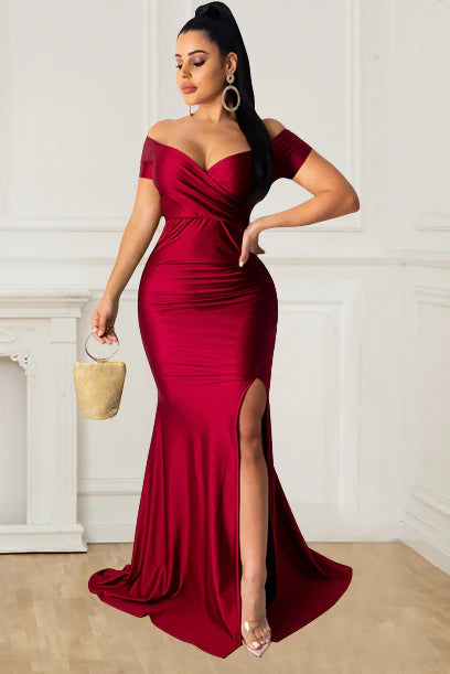 Sexy Plus Size Prom Dress V-neck Slit Short Sleeves