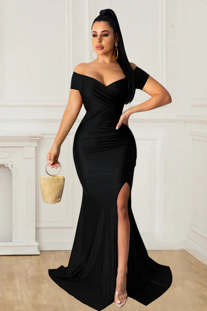 Sexy Plus Size Prom Dress V-neck Slit Short Sleeves