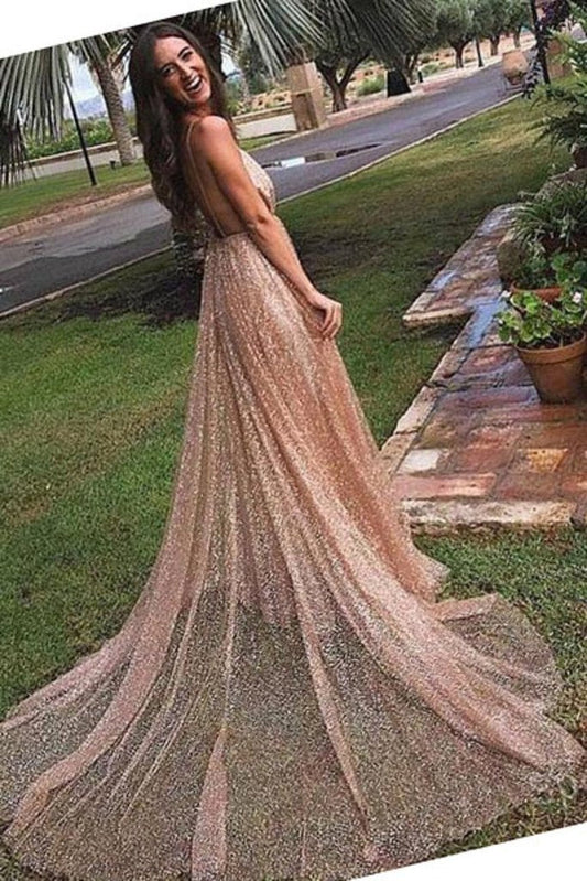 Prom Dresses Sexy Sequin Tulle Backless Spaghetti Straps V Neck Long