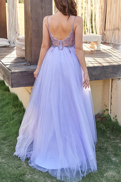 Sexy Spaghetti Straps Tulle V Neck  Beaded Sleeveless Prom Dresses