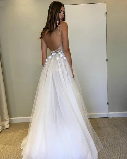 Sexy Spaghetti Straps V Neck A Line Tulle  Backless Prom Dresses