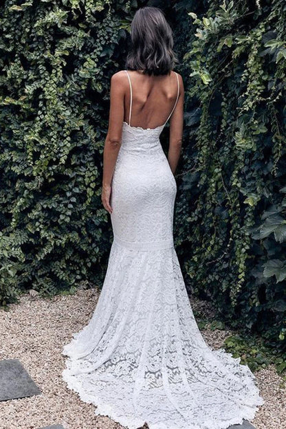 Sexy Wedding Dresses V Neck Back Hole Full Lace Mermaid