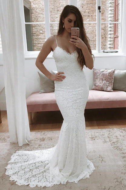 Sexy Wedding Dresses V Neck Back Hole Full Lace Mermaid