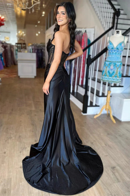 Prom Dress Sheath Satin Strapless Pleated  Long  with Slit