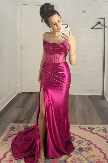 Prom Dress Sheath Satin Strapless Pleated  Long  with Slit