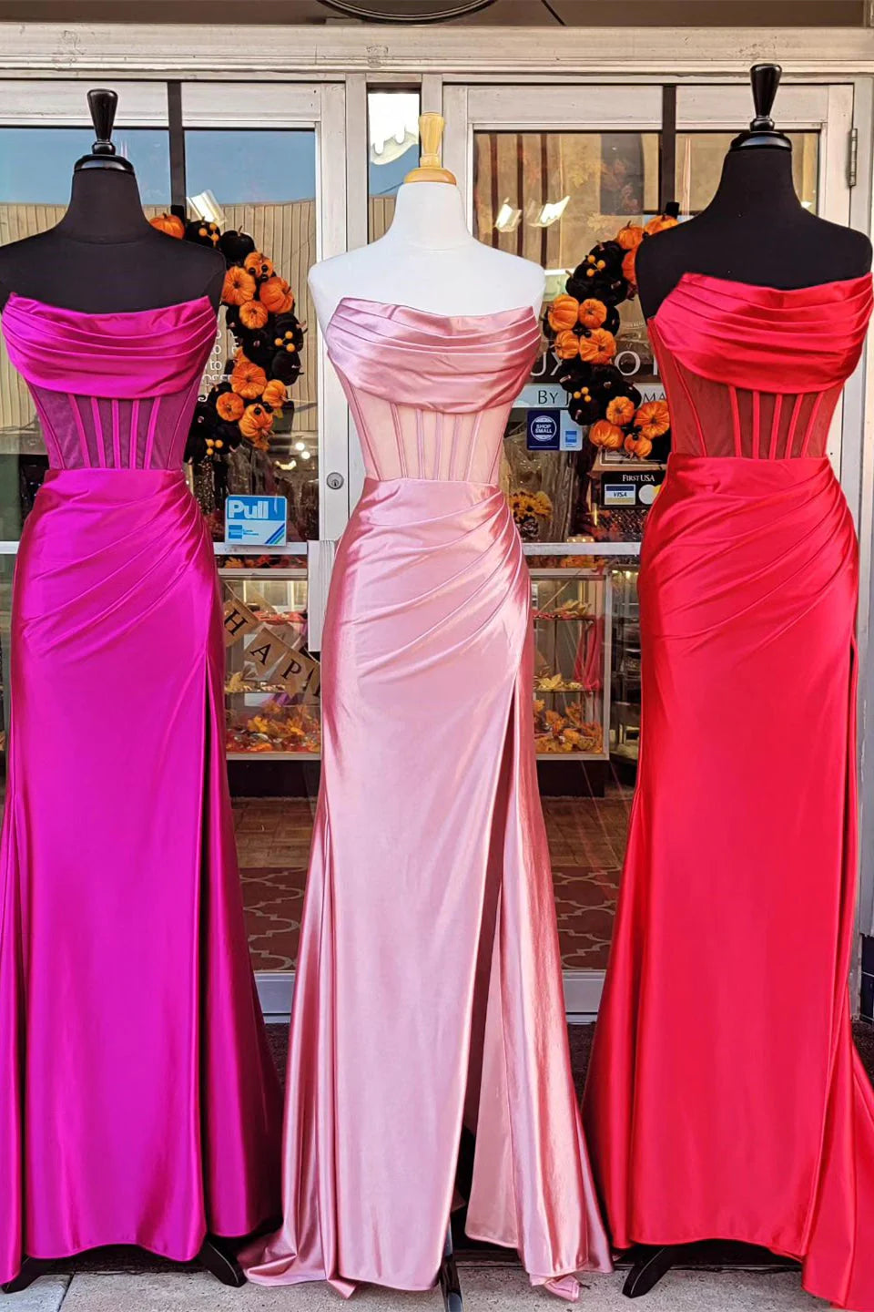 Prom Dress Sheath Satin Strapless Pleated  Long  with Slit