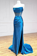 Prom Dress Sheath Satin Strapless Pleated  Long  with Slit