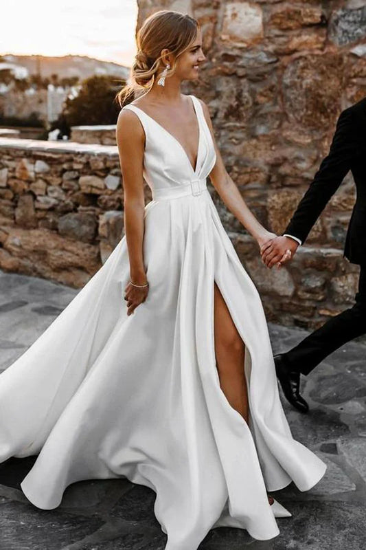 Wedding Dresses Simple Deep V Neck Satin Split Backless