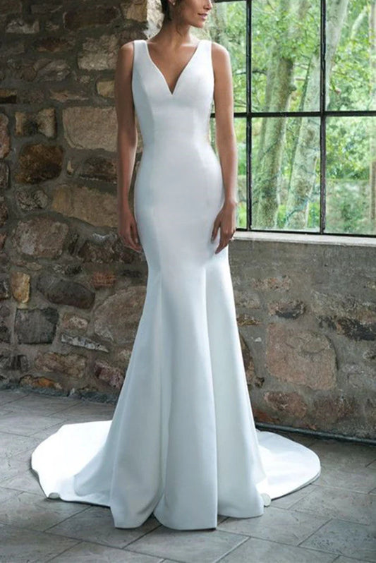 Wedding Dress Long Bridal Gowns Simple Deep V Neck Sweep Train Mermaid Satin