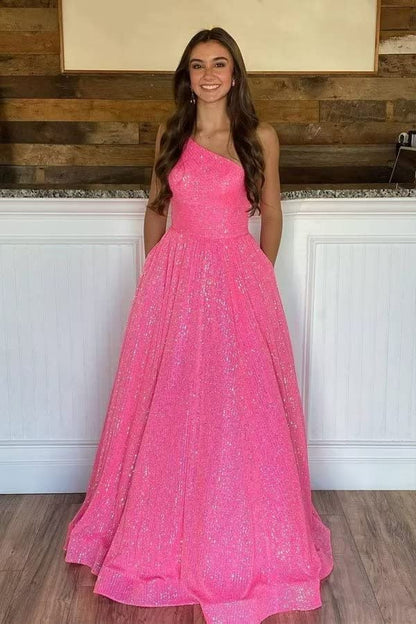 Sparkly A Line One Shoulder Sequin Long  with Pockets Prom Dresses