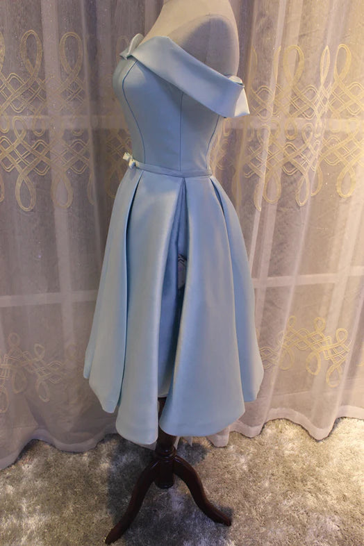 Light Blue Off Shoulder Satin Bridesmaid Dress, Blue Short Formal Dress