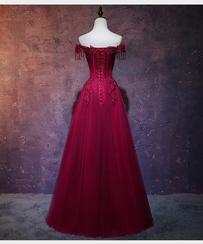 Beautiful Wine Red Tulle Sweetheart Long Prom Dress, A-line Party Dress