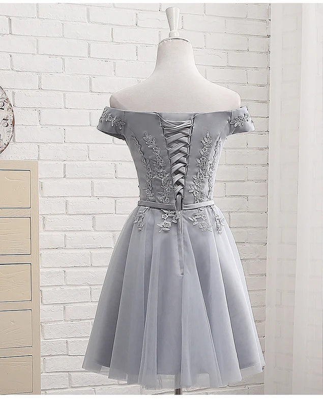 Lovely Grey Short Tulle Party Dress with Lace Applique, Bridesmaid Dresses Cute Formal Dress