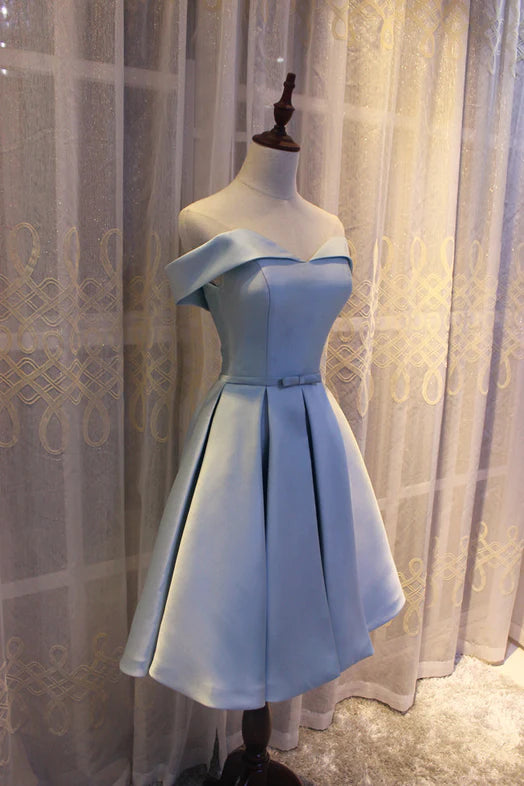 Light Blue Off Shoulder Satin Bridesmaid Dress, Blue Short Formal Dress