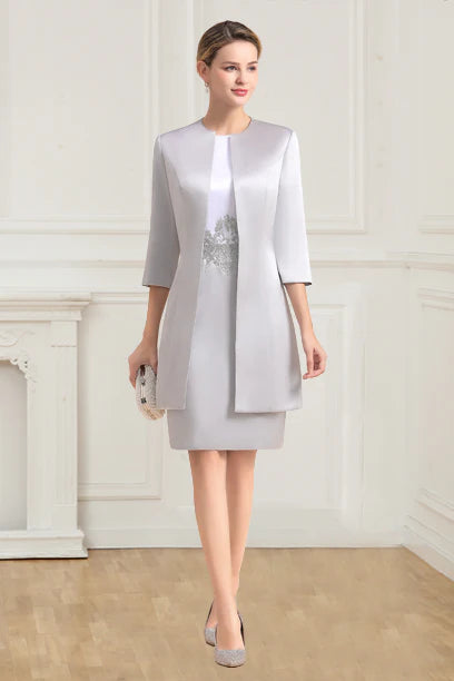 Mother of the Bride Dress Two Piece 3/4 Sleeves Short Sheath with Jacket