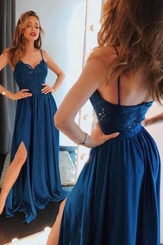 Spaghetti Straps Lace  Satin Sweetheart Side Slit Prom Dresses