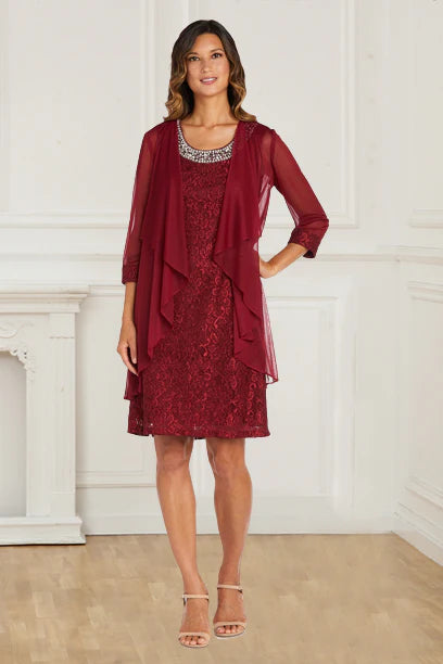 Mother Of The Bride Dress Vintage Two Piece Lace Burgundy Sheath/Column 3/4 Sleeves  With Beaded