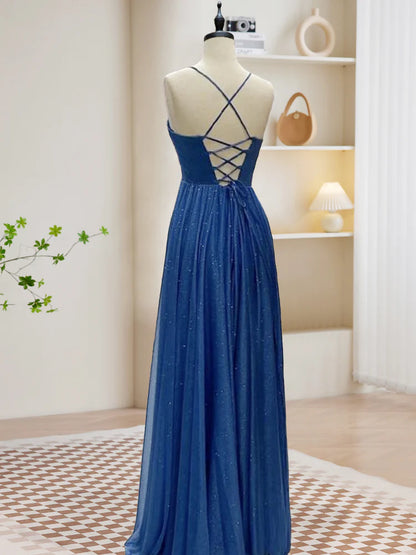 Sweetheart A-Line Neck Spaghetti Strap Long Prom Dress Backless Lace up Long Shining Party Dress