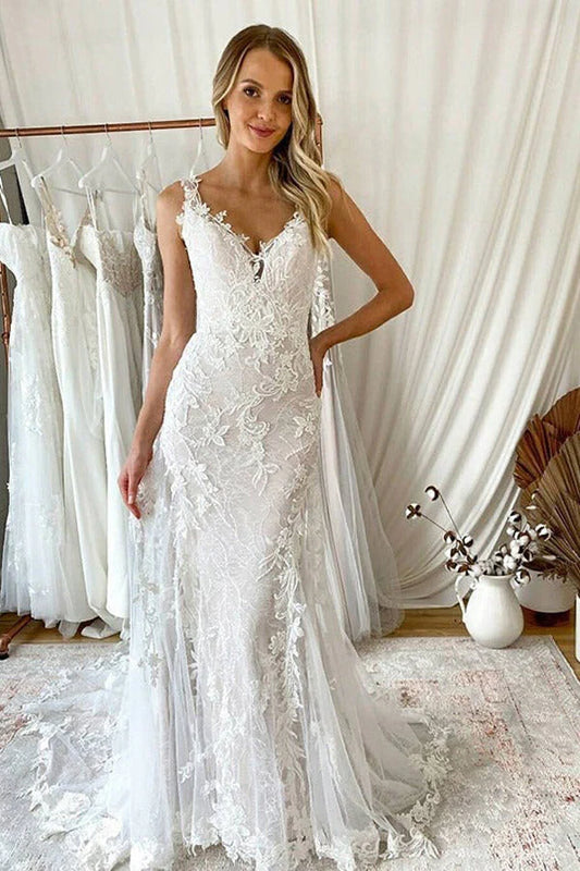 Mermaid Sleeveless V Neck With Applique Tulle Wedding Dresses