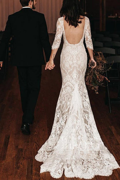 Mermaid V Neck Lace With Applique Court Train Wedding Dresses