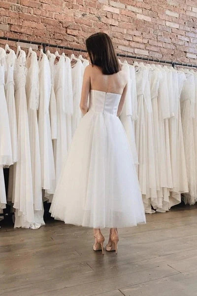 Ankle Length Strapless Tulle Satin Wedding Dresses