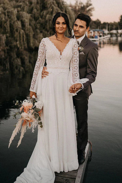 Chiffon Open Back Long Sleeves Simple A Line V Neck Lace Wedding Dress  ﻿