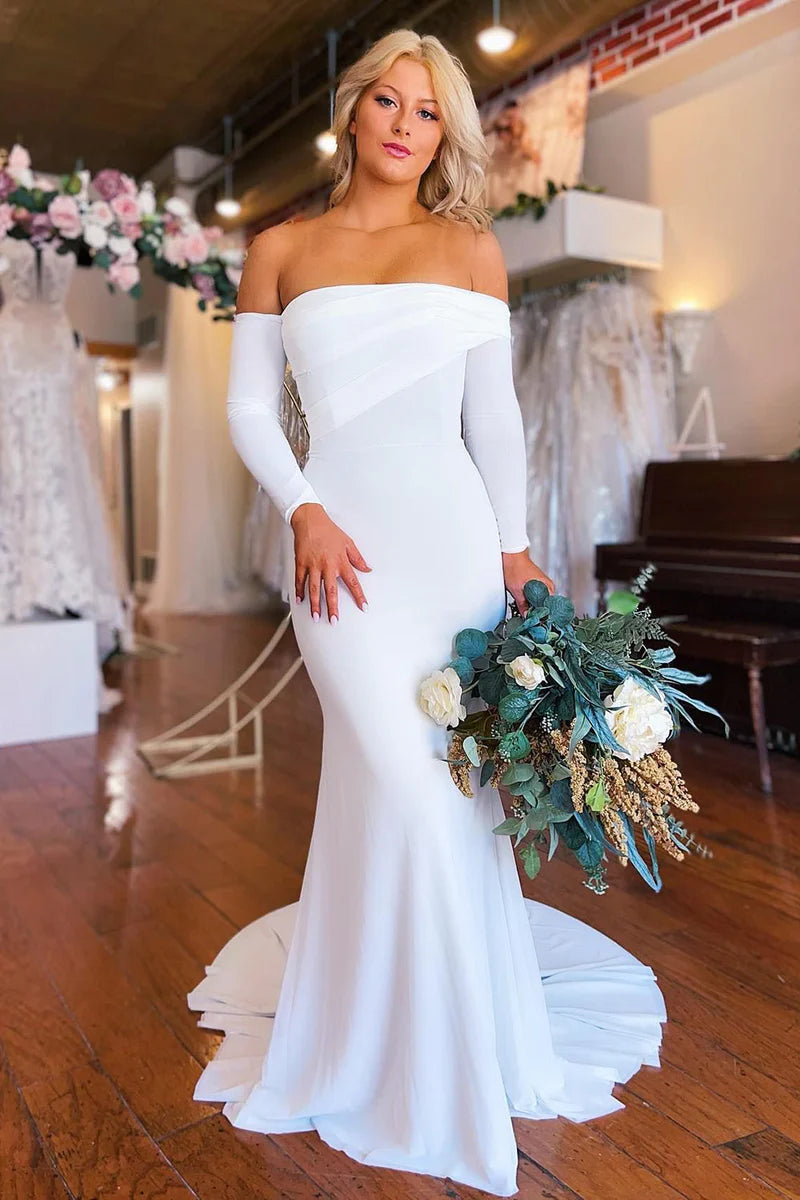 Wedding Dress Simple White Mermaid Long with Sleeves