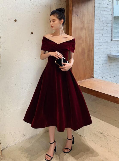 Wine Red Velvet Tea Length Chic Off Shoulder Party Dress, Burgundy Prom Dresses