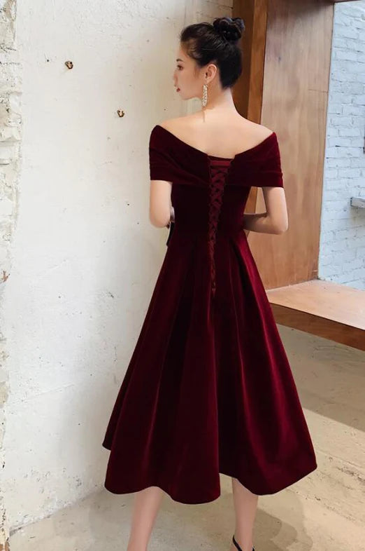 Wine Red Velvet Tea Length Chic Off Shoulder Party Dress, Burgundy Prom Dresses