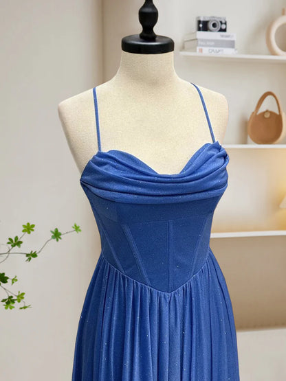 Sweetheart A-Line Neck Spaghetti Strap Long Prom Dress Backless Lace up Long Shining Party Dress