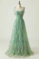 Green Long Prom Dress With Embroidery