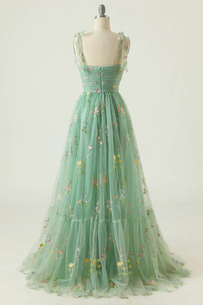 Green Long Prom Dress With Embroidery