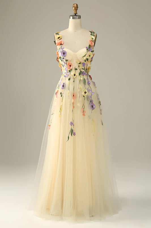 Champagne Spaghetti Straps Prom Dress With 3D Flowers