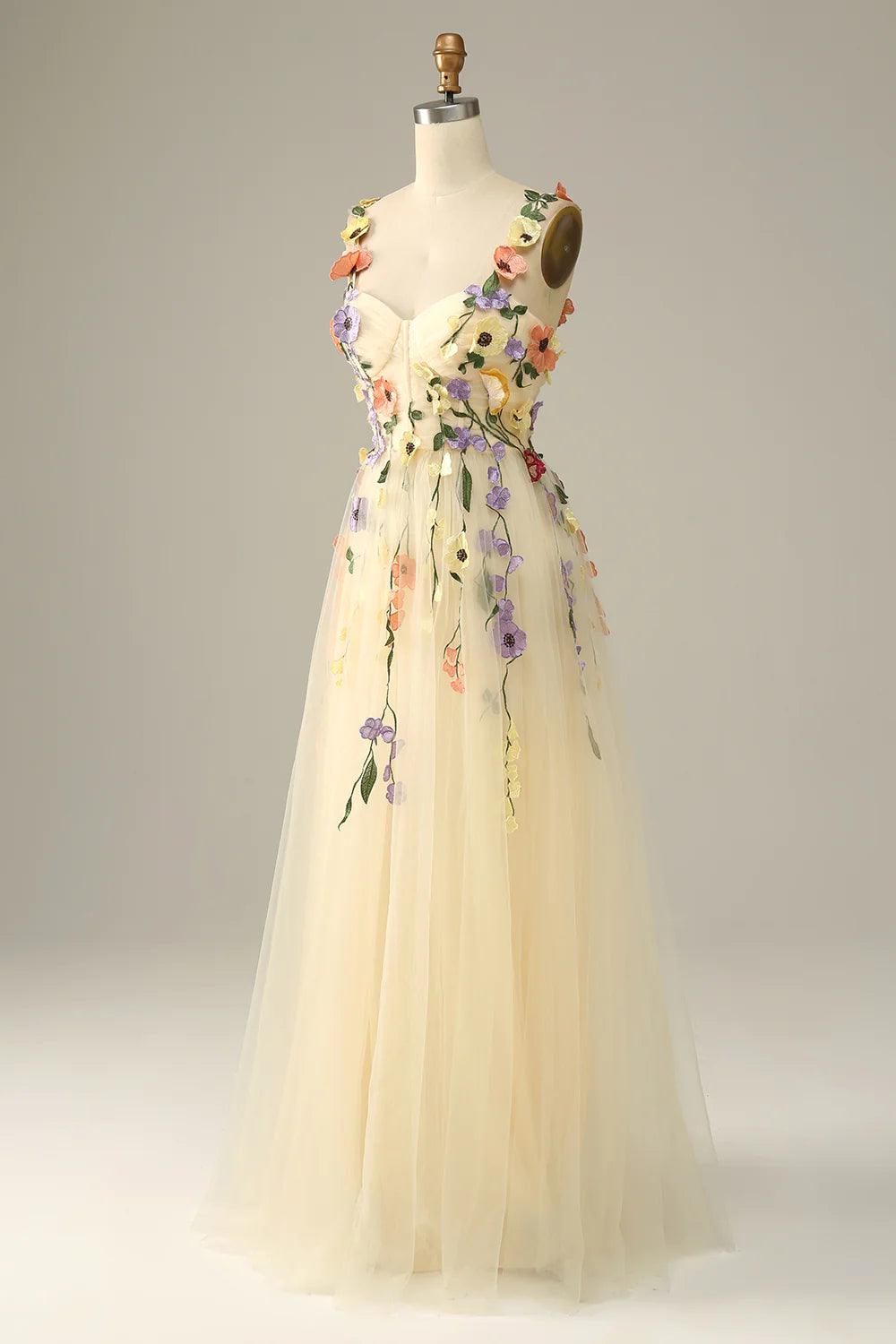 Champagne Spaghetti Straps Prom Dress With 3D Flowers