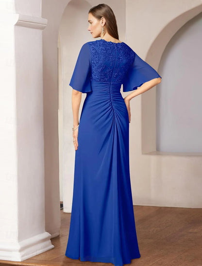 Trumpet Column Elegant V Neck Floor Length Chiffon Half Sleeve with Lace Ruched Mother of the Bride Dress