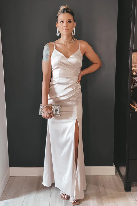 Bridesmaid Dress V-Neck Ruched Long with Slit