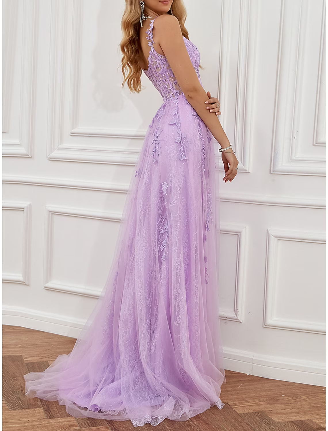 A-Line Prom Dresses See Through Dress Formal Sweep / Brush Train Sleeveless Sweetheart Tulle Backless with Beading Slit Appliques