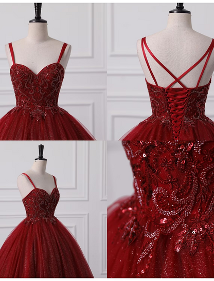 Ball Gown Prom Dresses Princess Dress Graduation Floor Length Sleeveless Spaghetti Strap Lace with Beading Appliques