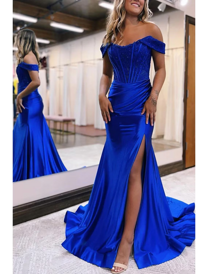 Mermaid / Trumpet Evening Gown Empire Dress Formal Court Train Sleeveless Off Shoulder Imitation Silk with Slit Appliques