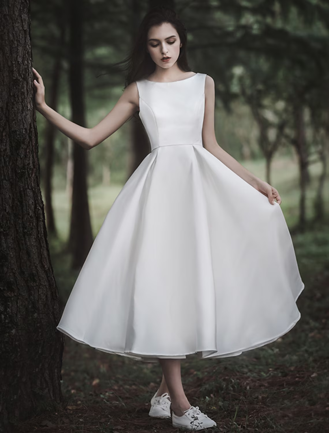 Bridal Shower Little White Dresses Wedding Dresses Tea Length A-Line Sleeveless Jewel Neck Satin With Solid Color