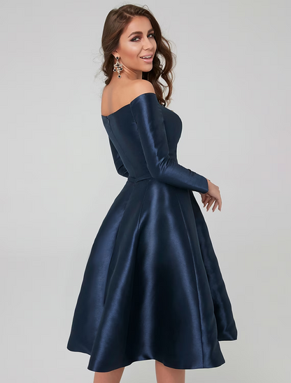 A-Line Special Occasion Dresses Party Dress Wedding Guest Knee Length Long Sleeve Off Shoulder Satin with Pleats