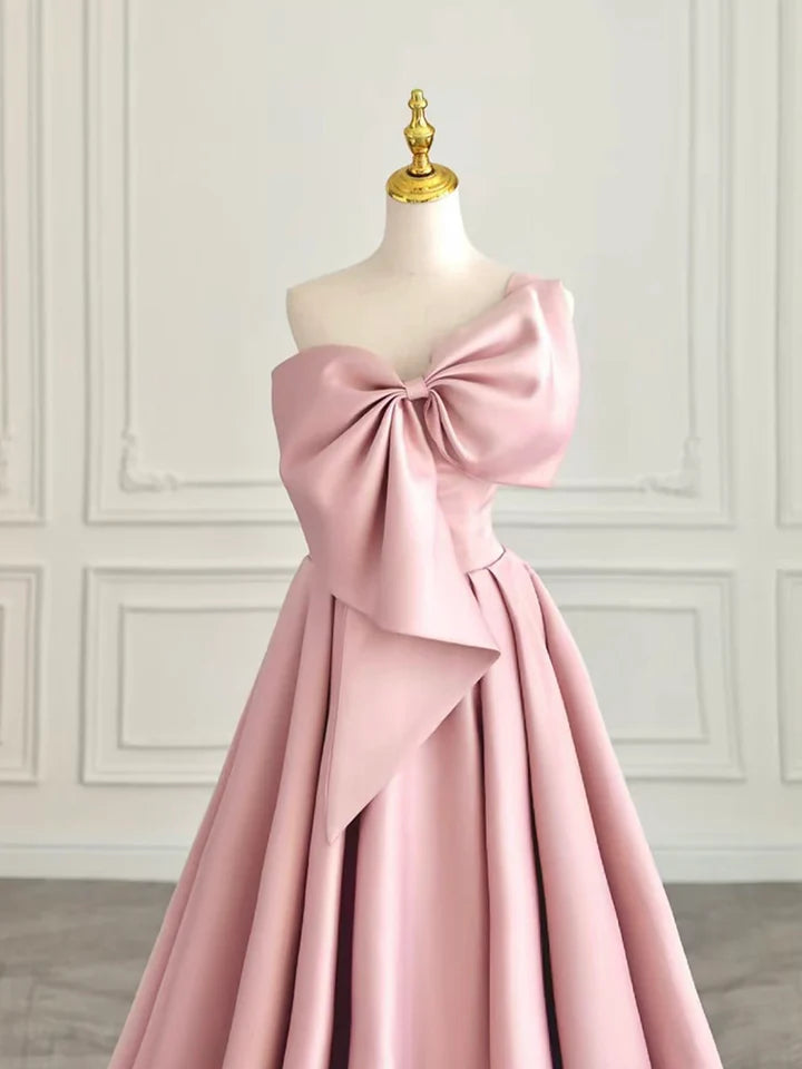 Sweet A-Line Prom Dress Big Bow knot Neck Wrinkle Satin Long Elegant Dress