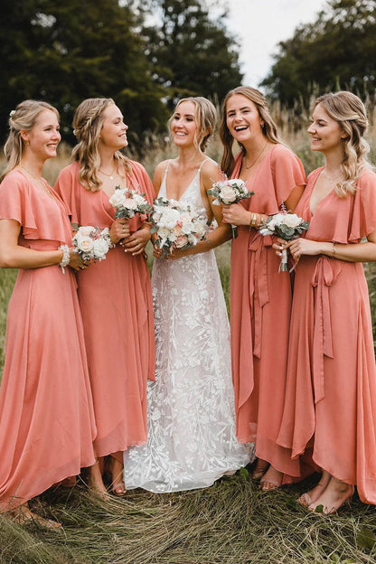 Bridesmaid Dresses Simple A-Line Coral Chiffon Long