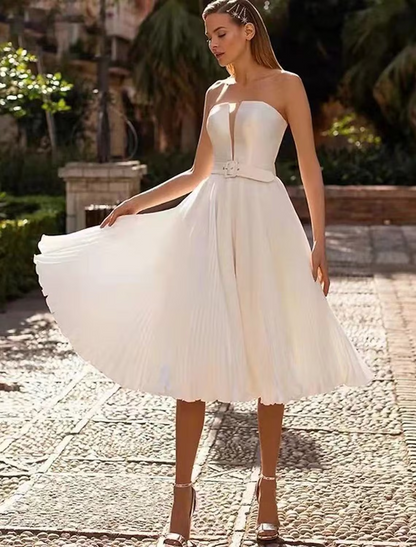 Bridal Shower Little White Dresses Wedding Dresses Tea Length A-Line Sleeveless Strapless Satin With Sash / Ribbon Solid Color