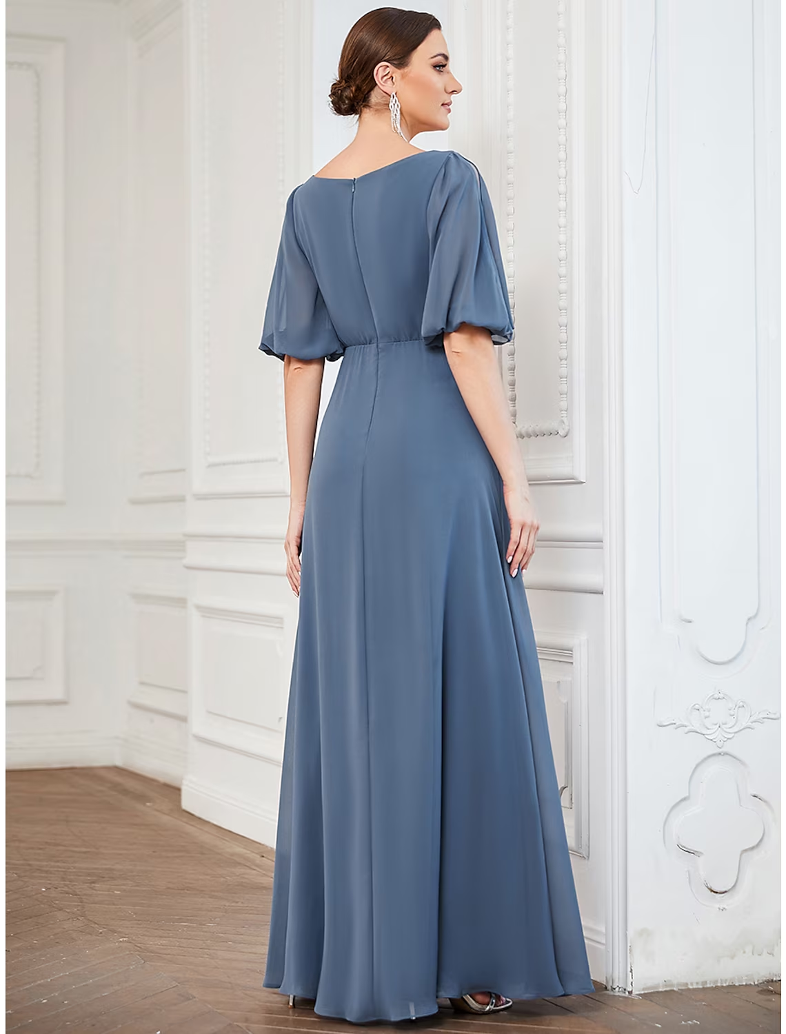 A-Line Evening Gown Minimalist Dress Wedding Guest Floor Length Half Sleeve V Neck Chiffon with Pleats Mother of the Bride Dresses