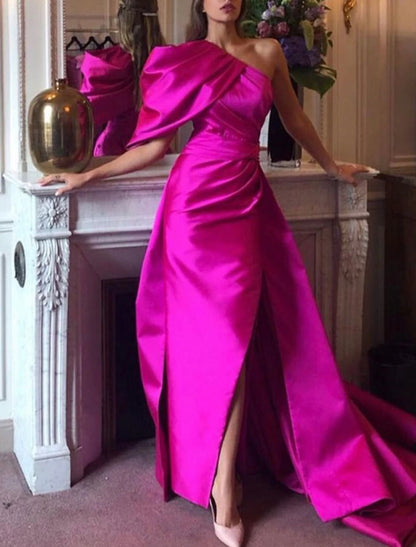 Mermaid / Trumpet Evening Gown Hot Pink Dress Party Dress For Carnival Court Train Sleeveless One Shoulder Fall Wedding Reception Satin with Ruched Slit