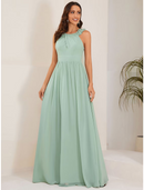 A-Line Wedding Guest Dresses Elegant Dress Formal Floor Length Sleeveless Jewel Neck Chiffon with Pleats Flower Bridesmaid Dresses